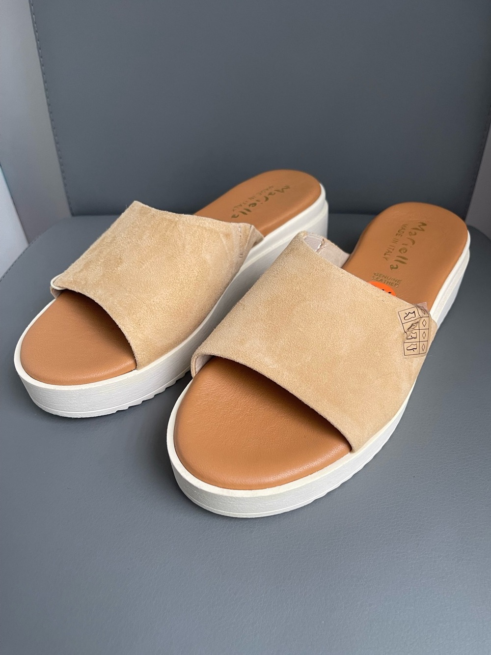 Mariella Suede Platform Slide Sandals Tan Leather Italian Made Women’s Size 9.5